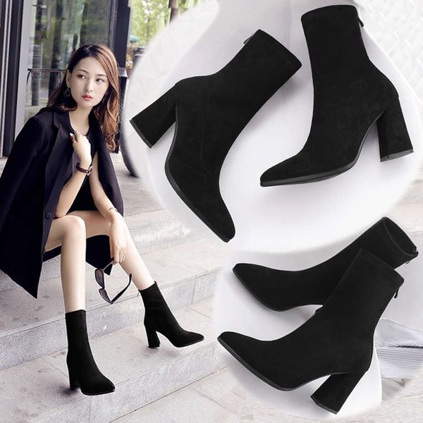 autumn martin boots women's high heels thick pointed frosted suede short back zipper middle tube, Black
autumn martin boots women's high heels thick pointed frosted suede short back zipper middle tube, Black