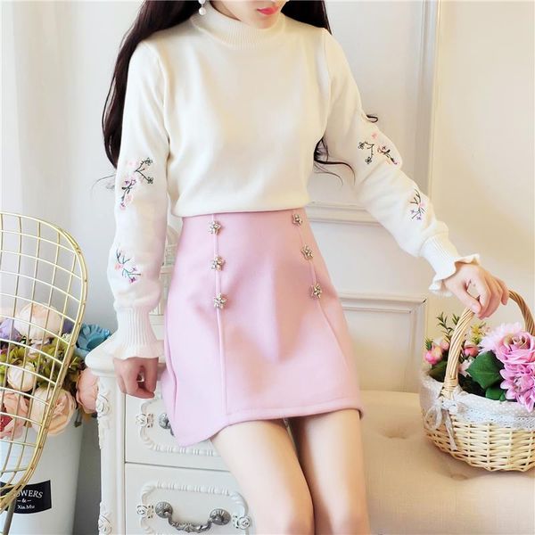 women's two piece pants turtleneck embroidery flower knitting pullover sweater skirt suit winter nail bead short skirts outfits student, White
women's two piece pants turtleneck embroidery flower knitting pullover sweater skirt suit winter nail bead short skirts outfits student, White