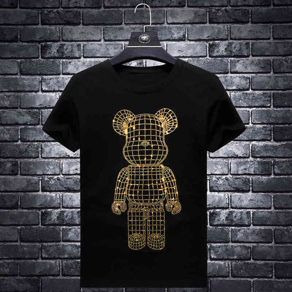fashion t shirt short sleeve men's brand summer 2021 bear print slim fit diamond modal round neck half shirt, White;black
fashion t shirt short sleeve men's brand summer 2021 bear print slim fit diamond modal round neck half shirt, White;black