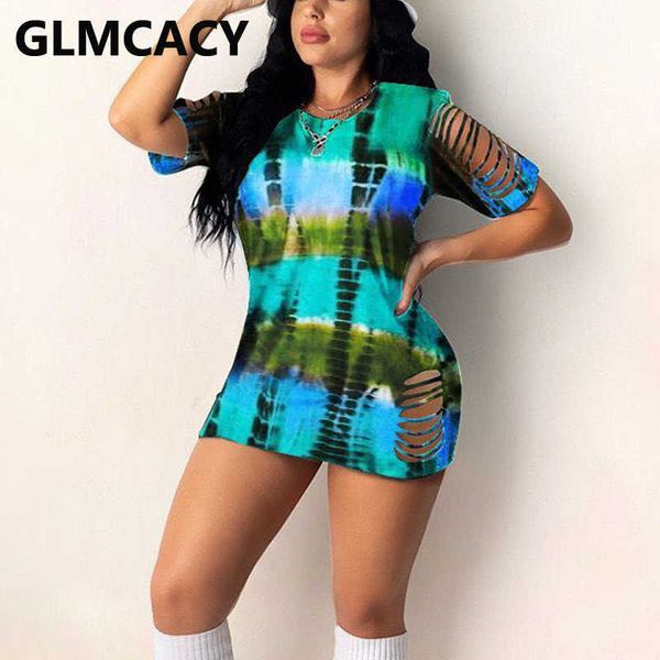 short sleeve abstract printed ripped casual tshirt dress 210702, Black;gray