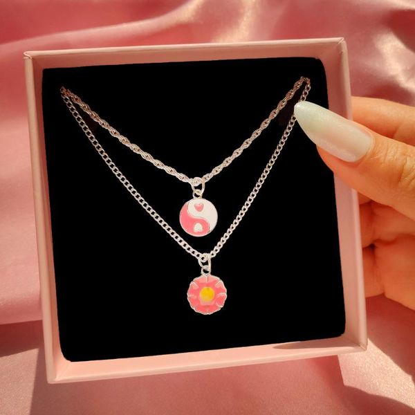 chains multi-layer pink yin yang love heart enamel pendant necklace for women sweet candy color flower twisted chain chic jewelry gift, Silver
chains multi-layer pink yin yang love heart enamel pendant necklace for women sweet candy color flower twisted chain chic jewelry gift, Silver