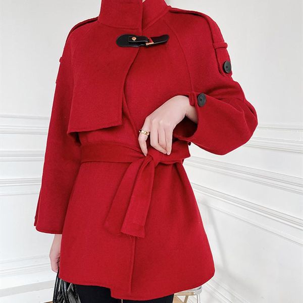 women's wool & blends high-end stand-up collar asymmetrical double-sided cashmere fashion autumn winter lace-up short trench coat, Black
women's wool & blends high-end stand-up collar asymmetrical double-sided cashmere fashion autumn winter lace-up short trench coat, Black
