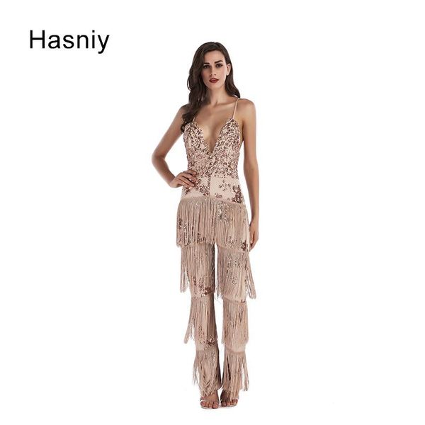 women's jumpsuits & rompers hasniy backless sequined women v neck strap tassel playsuits female elegant party club jumpsuit ladies, Black;white 
women's jumpsuits & rompers hasniy backless sequined women v neck strap tassel playsuits female elegant party club jumpsuit ladies, Black;white