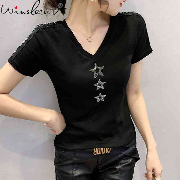 women's t-shirt summer european clothes cotton chic v-neck women short sleeve shiny diamonds chain tees black 2021 t1350, White
women's t-shirt summer european clothes cotton chic v-neck women short sleeve shiny diamonds chain tees black 2021 t1350, White