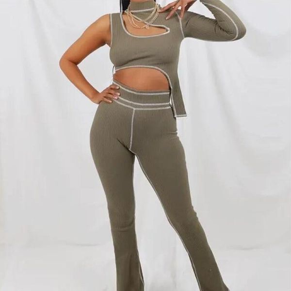 women's two piece pants female casual sportswear knitted rib tracksuit hollow out one shoulder long seeve crop + set outfits, White 
women's two piece pants female casual sportswear knitted rib tracksuit hollow out one shoulder long seeve crop + set outfits, White