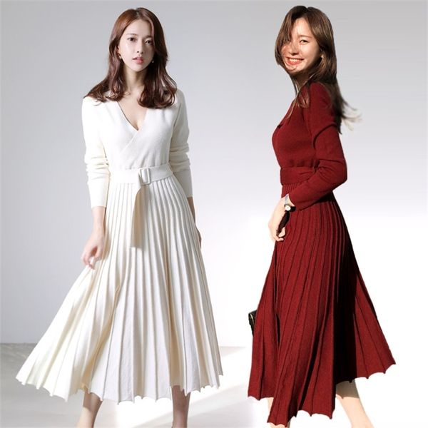 fashion women knitted pleated dress fall winter long sleeve thick sweater casual v neck sashes 210603, Black;gray
fashion women knitted pleated dress fall winter long sleeve thick sweater casual v neck sashes 210603, Black;gray
