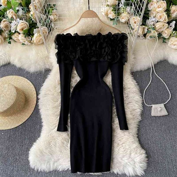 women's spring knitting three dimensional slash neck flower decoration temperament mini dress d0102 210506, Black;gray
women's spring knitting three dimensional slash neck flower decoration temperament mini dress d0102 210506, Black;gray