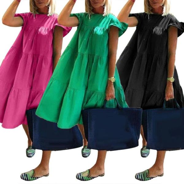 casual dresses summer fashion women solid color o neck ruffled short sleeve large hem a line midi dress, Black;gray
casual dresses summer fashion women solid color o neck ruffled short sleeve large hem a line midi dress, Black;gray