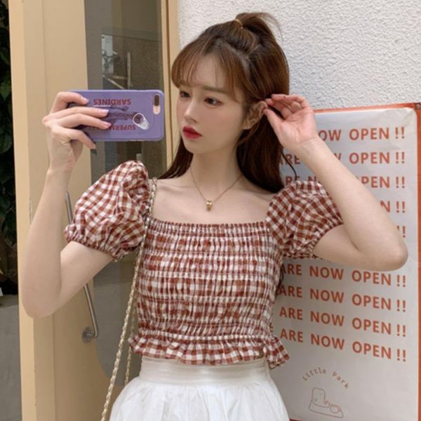 women's blouses & shirts vintage summer plaid crop women fashion brand clothing slim puff sleeve blusas mujer de moda, White
women's blouses & shirts vintage summer plaid crop women fashion brand clothing slim puff sleeve blusas mujer de moda, White