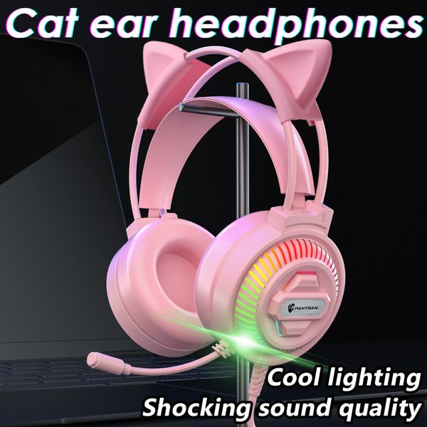

headphones ps4 pc xbox stereo game headset with microphone, cat ears, led lights, bass surround, soft memory earmuffs pink cute
