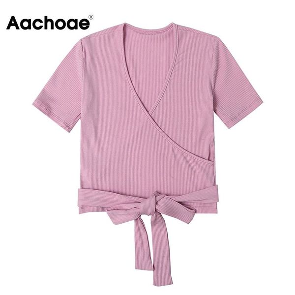 women's t-shirt aachoae summer v neck knitted t shirt women bow tie casual tee crop female solid color short sleeve tshirt, White
women's t-shirt aachoae summer v neck knitted t shirt women bow tie casual tee crop female solid color short sleeve tshirt, White
