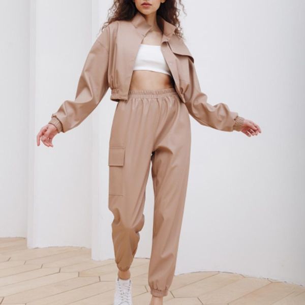 fashion faux leather suits women elegant solid casual short suit elastic waist ankle length pants ladies women's two piece, White
fashion faux leather suits women elegant solid casual short suit elastic waist ankle length pants ladies women's two piece, White