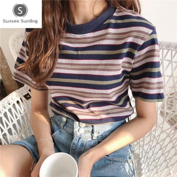 women's t-shirt 2021 summer korean retro wild hit color striped women tees short sleeve female loose round neck bottoming, White
women's t-shirt 2021 summer korean retro wild hit color striped women tees short sleeve female loose round neck bottoming, White