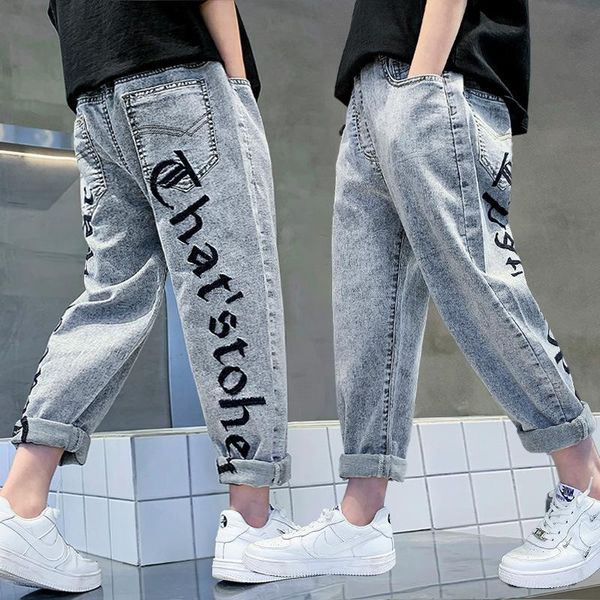 kids boys jeans baby boy summer clothes classic letter print pants children denim clothing casual cowboy long trousers 4-14y, Blue