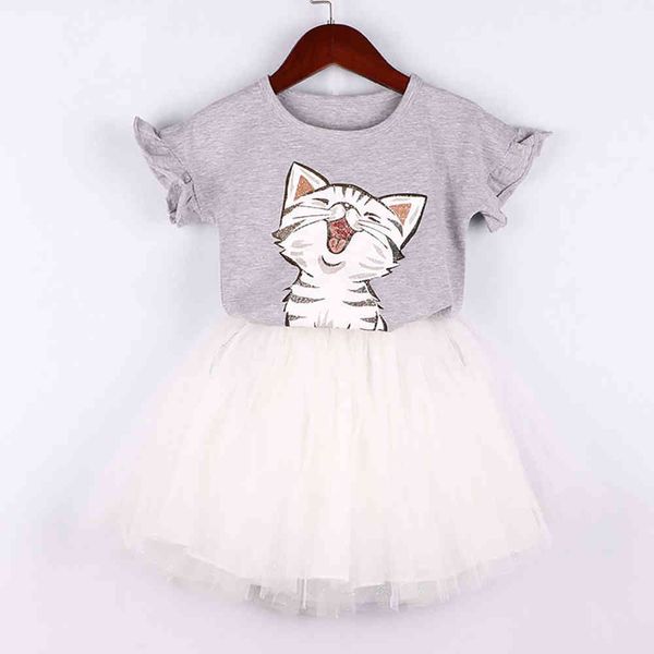 girls summer clothes white cat cartoon gray t-shirt + mesh princess skirt suit toddler girl 210515
girls summer clothes white cat cartoon gray t-shirt + mesh princess skirt suit toddler girl 210515