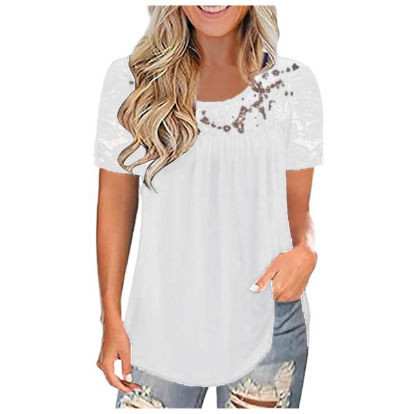 european and american women's hollow lace splicing solid round neck short sleeve t-shirt large size top, White 
european and american women's hollow lace splicing solid round neck short sleeve t-shirt large size top, White