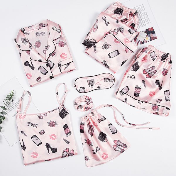 sleepwear fashion 7 pieces pajamas sets faux silk stain cute pattern pyjama sling shorts long sleeve pants sleepwear sa9u ured, Black;red
sleepwear fashion 7 pieces pajamas sets faux silk stain cute pattern pyjama sling shorts long sleeve pants sleepwear sa9u ured, Black;red