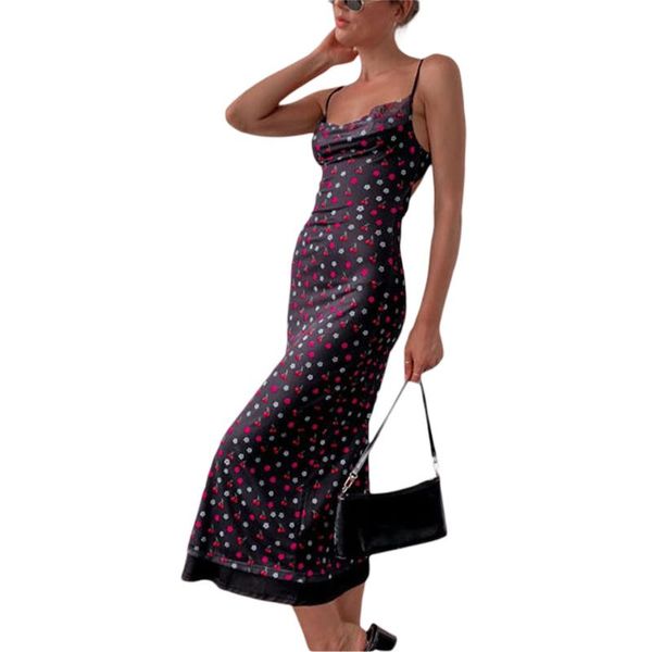 women's swimwear bodycon midi dress, sleeveless spaghetti strap floral cherry print long dress, White;black
women's swimwear bodycon midi dress, sleeveless spaghetti strap floral cherry print long dress, White;black