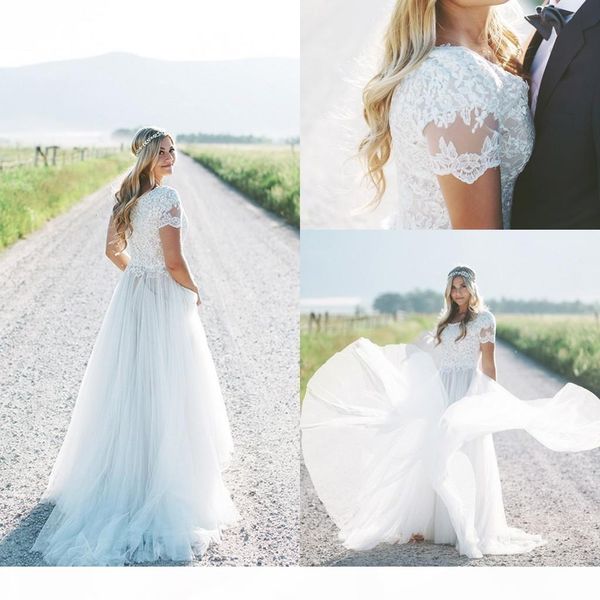 vintage short sleeves country wedding dresses lace applique beaded sweep train tulle scoop neck custom made bridal gown plus size vestido de, White
vintage short sleeves country wedding dresses lace applique beaded sweep train tulle scoop neck custom made bridal gown plus size vestido de, White