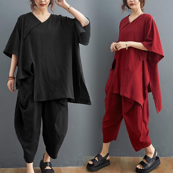 female summer national style plus size cotton and linen solid color loose two-piece wide-leg pants women's two piece, White
female summer national style plus size cotton and linen solid color loose two-piece wide-leg pants women's two piece, White