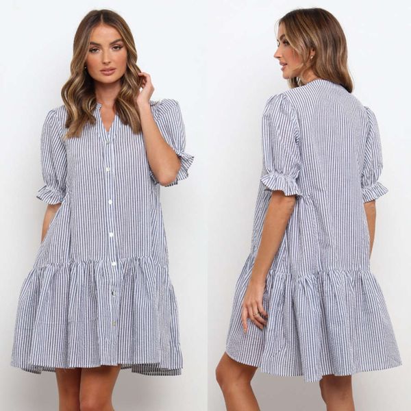 casual dress summer striped single breasted cardigan short sleeve dress, Black;gray
casual dress summer striped single breasted cardigan short sleeve dress, Black;gray