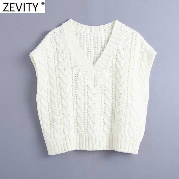zevity women fashion v neck twist white knitting sweater female sleeveless casual loose vest chic pullovers brand s487 210603, White;black