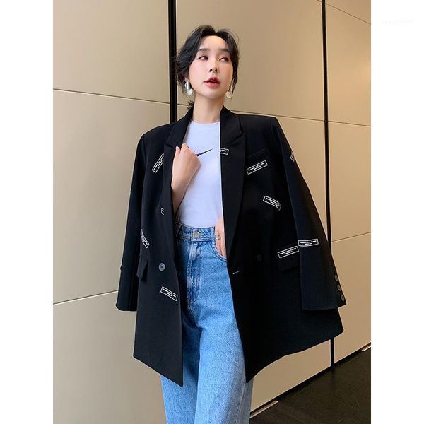 women's suits & blazers 2021 arrival spring/autumn korean style women long sleeve notched collar letter print single button cotton coat, White;black
women's suits & blazers 2021 arrival spring/autumn korean style women long sleeve notched collar letter print single button cotton coat, White;black