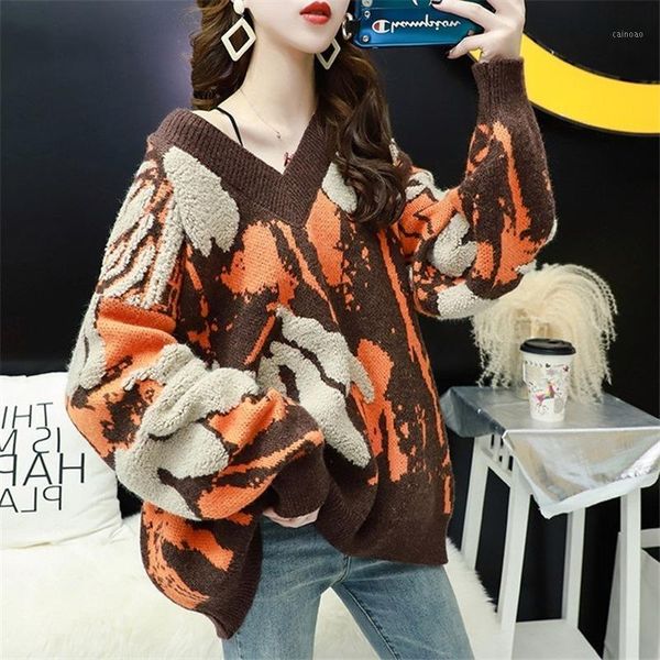 women's sweaters autumn and winter loose outer wear net red retro hong kong style lazy v-neck sweater pullover thick tide, White;black 
women's sweaters autumn and winter loose outer wear net red retro hong kong style lazy v-neck sweater pullover thick tide, White;black