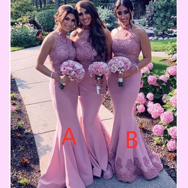 blush pink lace appliqued mermaid bridesmaid dresses halter backless wedding guest gown long formal party evening prom dresses, White;pink
blush pink lace appliqued mermaid bridesmaid dresses halter backless wedding guest gown long formal party evening prom dresses, White;pink