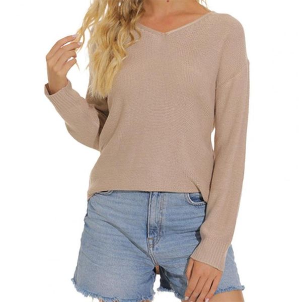 women's t-shirt sweater v-neck long sleeve pullover autumn winter casual solid color back knitted outerwear, White
women's t-shirt sweater v-neck long sleeve pullover autumn winter casual solid color back knitted outerwear, White