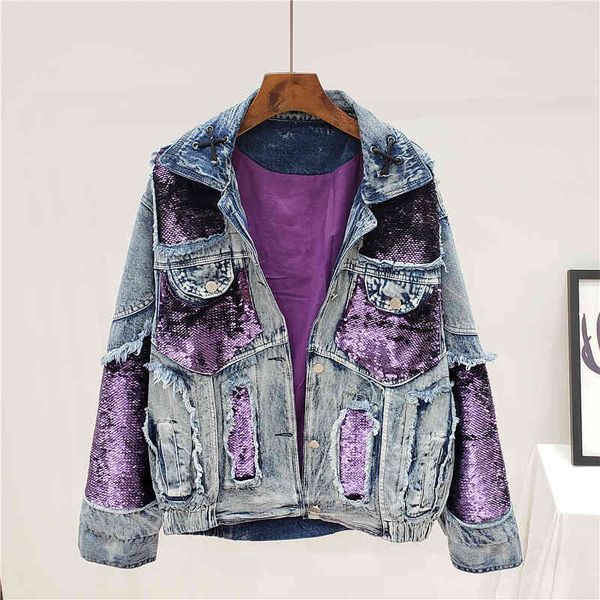 women's jackets purple sequins spliced jean women fashion streetwear style hole cool denim casual harajuku loose basic coat female, Black;brown
women's jackets purple sequins spliced jean women fashion streetwear style hole cool denim casual harajuku loose basic coat female, Black;brown
