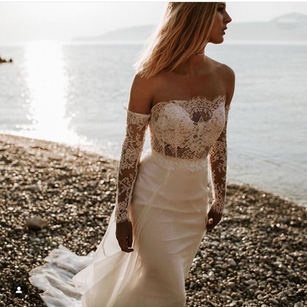 ivory mermaid beach wedding dresses strapless long sleeve boho country bridal gowns backless lace plus size bride dress sweep train, White
ivory mermaid beach wedding dresses strapless long sleeve boho country bridal gowns backless lace plus size bride dress sweep train, White