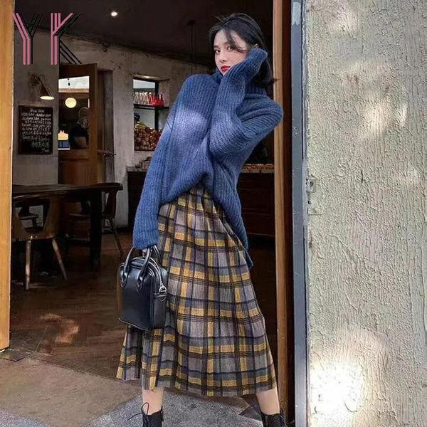 skirts harajuku vintage plaid for women autumn winter high waist long female pleated plus size ladies midi, Black 
skirts harajuku vintage plaid for women autumn winter high waist long female pleated plus size ladies midi, Black