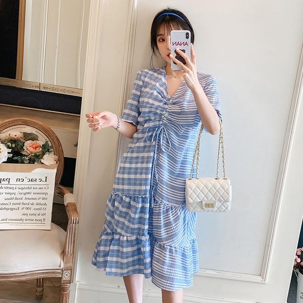 3764# maternity dress summer plaid string v neck short sleeves easy matching loose stylish pregnant women mom dresses, White
3764# maternity dress summer plaid string v neck short sleeves easy matching loose stylish pregnant women mom dresses, White