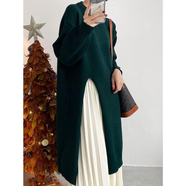 mid-length side slit thick sweater women 2021 autumn and winter korean round neck knitted skirt jh9273 women's sweaters, White;black
mid-length side slit thick sweater women 2021 autumn and winter korean round neck knitted skirt jh9273 women's sweaters, White;black