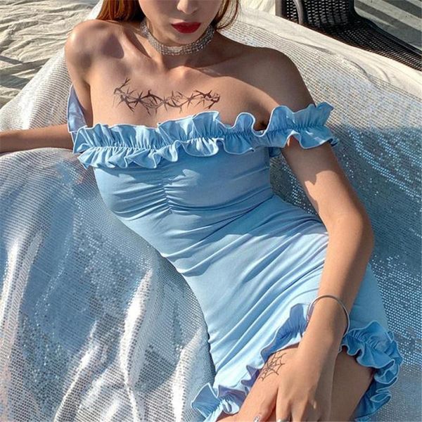 casual dresses female summer solid color slim pencil dress off shoulder sleeveless ruffles short mini vestido sundress, Black;gray
casual dresses female summer solid color slim pencil dress off shoulder sleeveless ruffles short mini vestido sundress, Black;gray