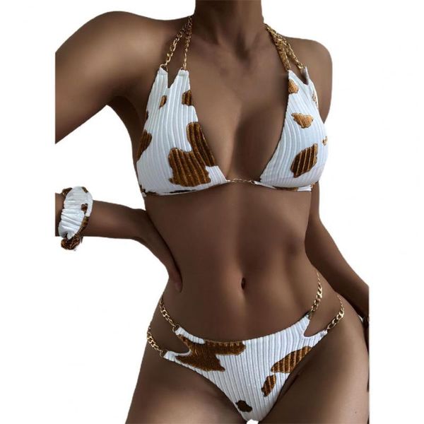 women's swimwear women bikinis set backless swimsuit floral cows print padded summer chain halter bikini beach 2021, White;black
women's swimwear women bikinis set backless swimsuit floral cows print padded summer chain halter bikini beach 2021, White;black
