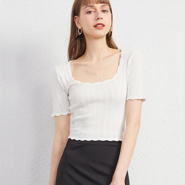 women square neck pretty stitch sweater short sleeve knit pointelle with wave trim, White;black
women square neck pretty stitch sweater short sleeve knit pointelle with wave trim, White;black