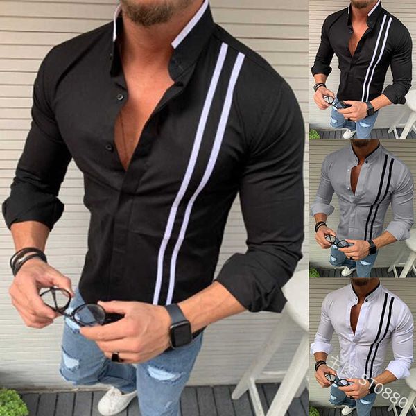 men's summer shirt solid color stripe stand collar long sleeve st0880, White;black 
men's summer shirt solid color stripe stand collar long sleeve st0880, White;black