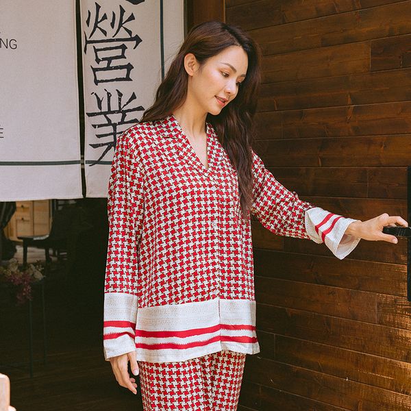 houndstooth printed faux silk satin pajamas set autumn women sleepwear long sleeve nightgown for female ladies pyjamas nightwear, Black;red