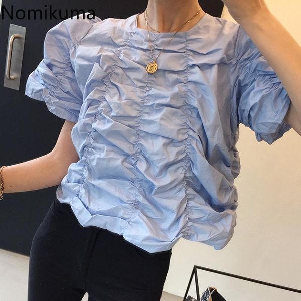 women's blouses & shirts nomikuma folds design puff sleeve blouse women solid color o neck korean elegant ladies loose all-match blusa, White
women's blouses & shirts nomikuma folds design puff sleeve blouse women solid color o neck korean elegant ladies loose all-match blusa, White