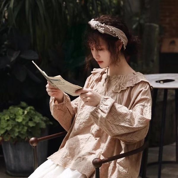 women's blouses & shirts vintage hollow out cotton long sleeve ruffled collar lolita shirt mori girl ptjk, White
women's blouses & shirts vintage hollow out cotton long sleeve ruffled collar lolita shirt mori girl ptjk, White
