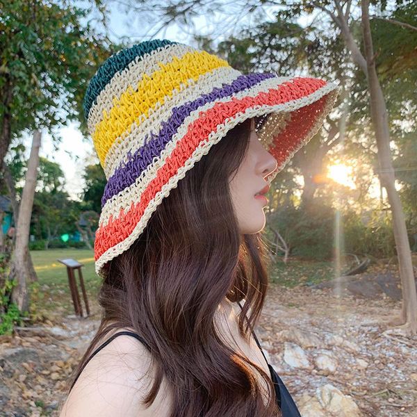 wide brim hats 2021 summer women's bucket straw hat made rainbow crochet foldable panama female beach sun outdoor travel shade visor, Blue;gray
wide brim hats 2021 summer women's bucket straw hat made rainbow crochet foldable panama female beach sun outdoor travel shade visor, Blue;gray