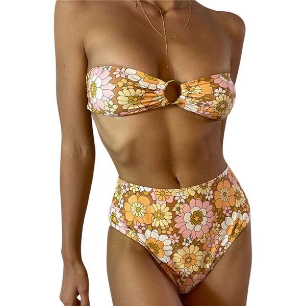 women's swimwear two piece floral bikini suits flower bandage tube and stretch high waist thong swimming suit ladies beachwear, White;black
women's swimwear two piece floral bikini suits flower bandage tube and stretch high waist thong swimming suit ladies beachwear, White;black