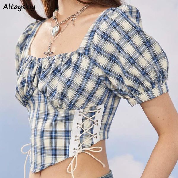 women's blouses & shirts women plaid side shirring puff sleeve vintage french style temperament square collar navel slender zipper, White
women's blouses & shirts women plaid side shirring puff sleeve vintage french style temperament square collar navel slender zipper, White