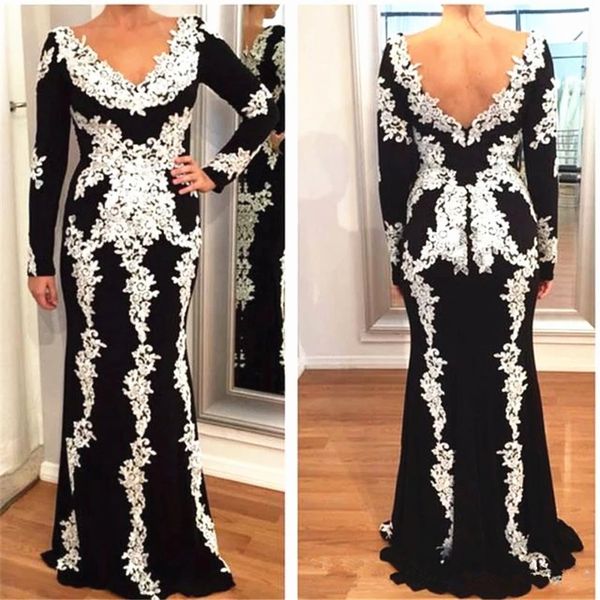 black and white lace evening mother of the bride dresses 2022 with long sleeves v neck backless mermaid applique party bridesmaid prom dress, Black;red
black and white lace evening mother of the bride dresses 2022 with long sleeves v neck backless mermaid applique party bridesmaid prom dress, Black;red