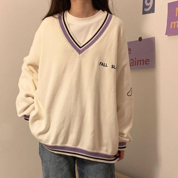 women's sweaters women ulzzang letter chic vintage v-neck daily oversize preppy girls knitwear fall casual all-match ins sweater, White;black
women's sweaters women ulzzang letter chic vintage v-neck daily oversize preppy girls knitwear fall casual all-match ins sweater, White;black