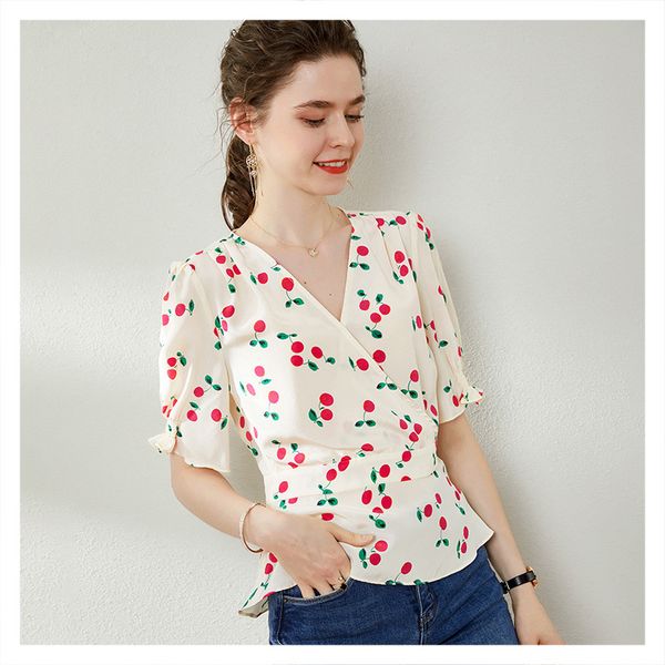 blouses french romantic cherry printed half-sleeve v-neck waist slim silk small shirt 2021 fashion style, White
blouses french romantic cherry printed half-sleeve v-neck waist slim silk small shirt 2021 fashion style, White
