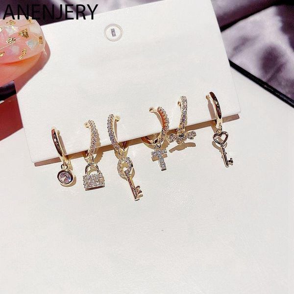 hoop & huggie anenjery 6 pieces/set 925 sterling silver key lock earrings set for women micro-inlaid zircon cross korean jewelry, Golden;silver