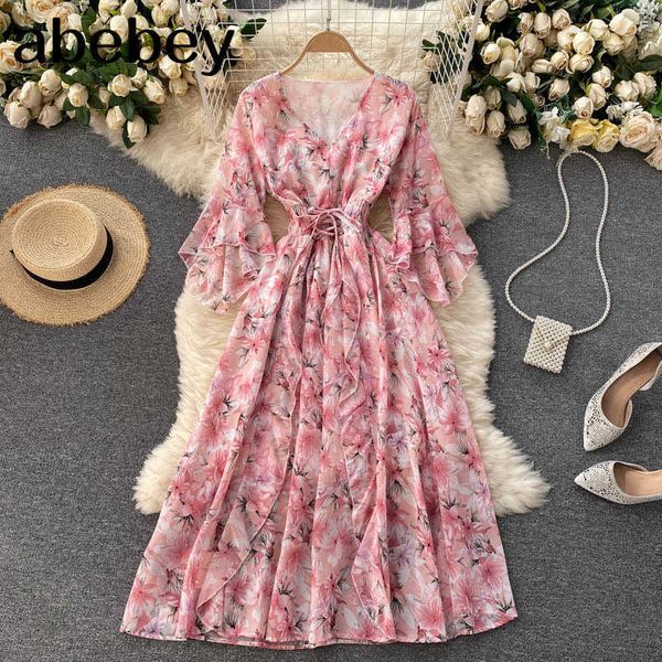 women chiffon floral dress korean v neck short sleeve belt a-line dress summer boho print ruffles beach midi dress 210715, Black;gray
women chiffon floral dress korean v neck short sleeve belt a-line dress summer boho print ruffles beach midi dress 210715, Black;gray